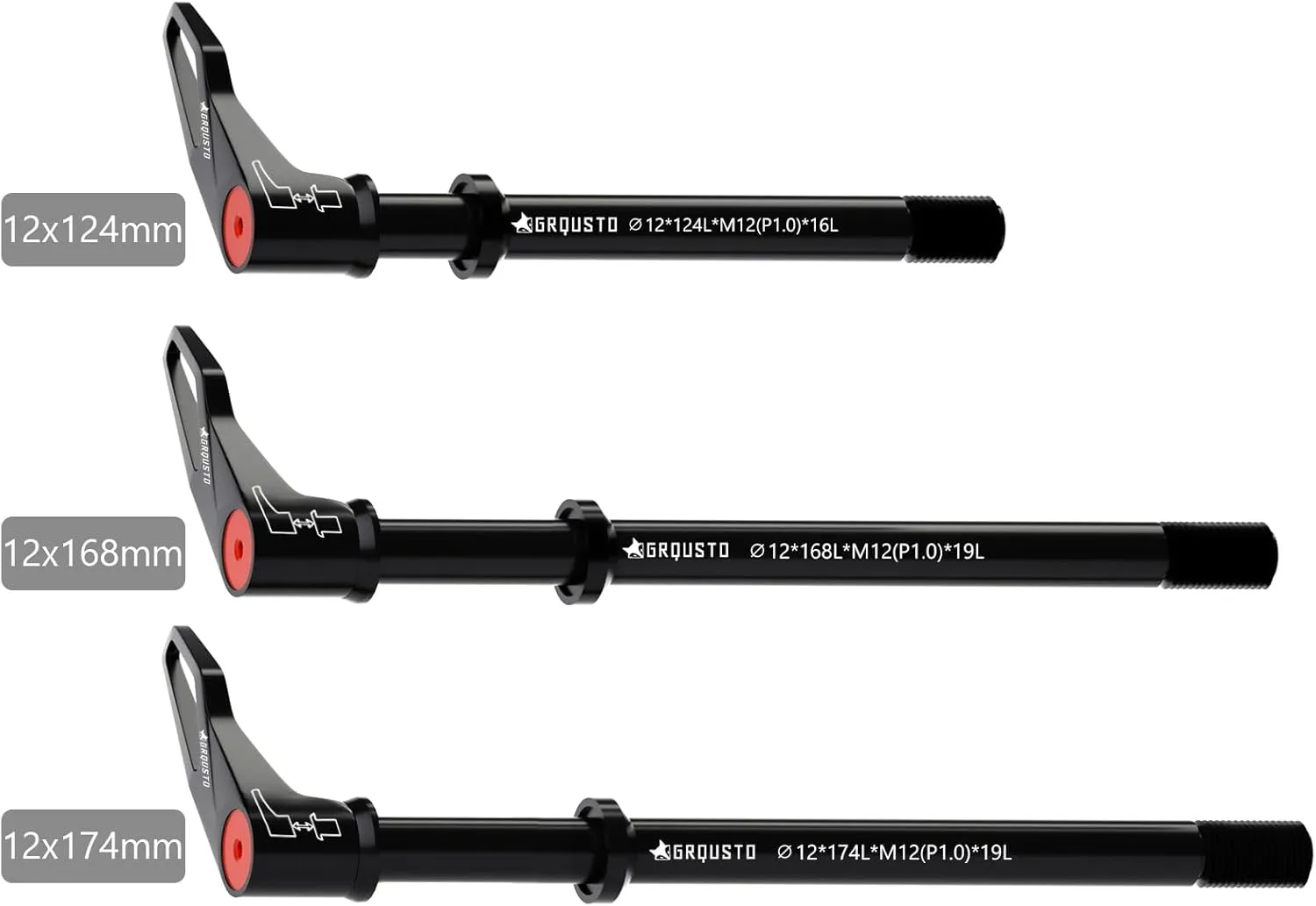 1.0mm Thread Pitch Front Rear Quick Release Thru Axles for Bicyle Suspension Forks Rigid Forks and Bike Rear Frame, Free Rotating Handle Road Mountain Bike Axle: 12mm x 124mm to 174mm Includes 3 Size