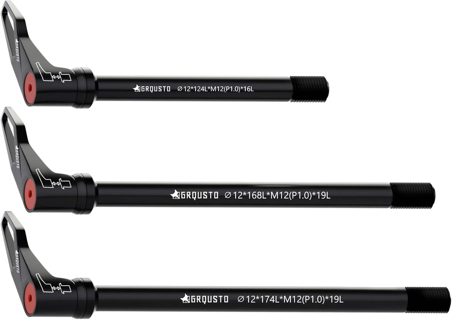 1.0mm Thread Pitch Front Rear Quick Release Thru Axles for Bicyle Suspension Forks Rigid Forks and Bike Rear Frame, Free Rotating Handle Road Mountain Bike Axle: 12mm x 124mm to 174mm Includes 3 Size
