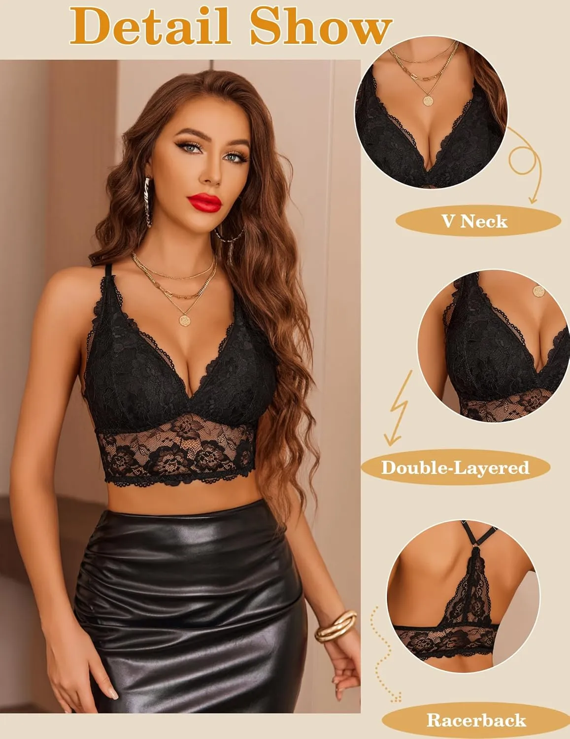 Avidlove Bralettes for Women Lace Wireless Bra V Neck Racerback Crop Top Adjustable Lingerie