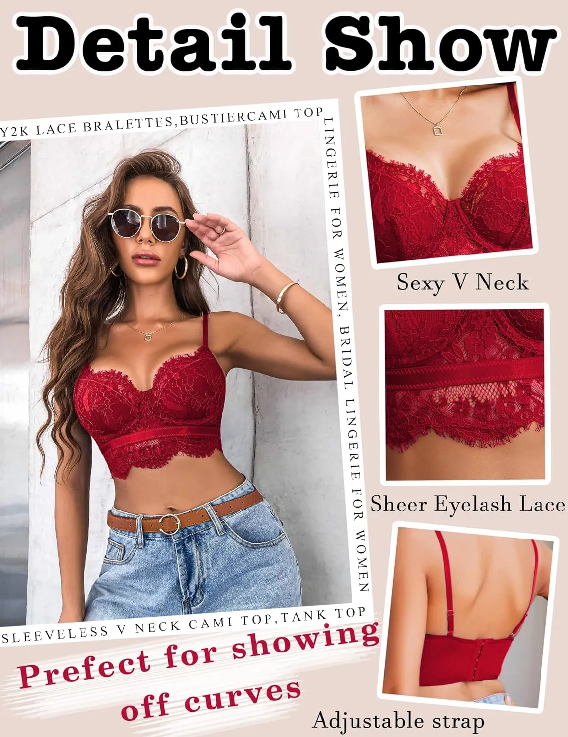 Avidlove Lace Bralettes for Women Y2k Strap Bustier Cami Top V Neck Camisole Lingerie