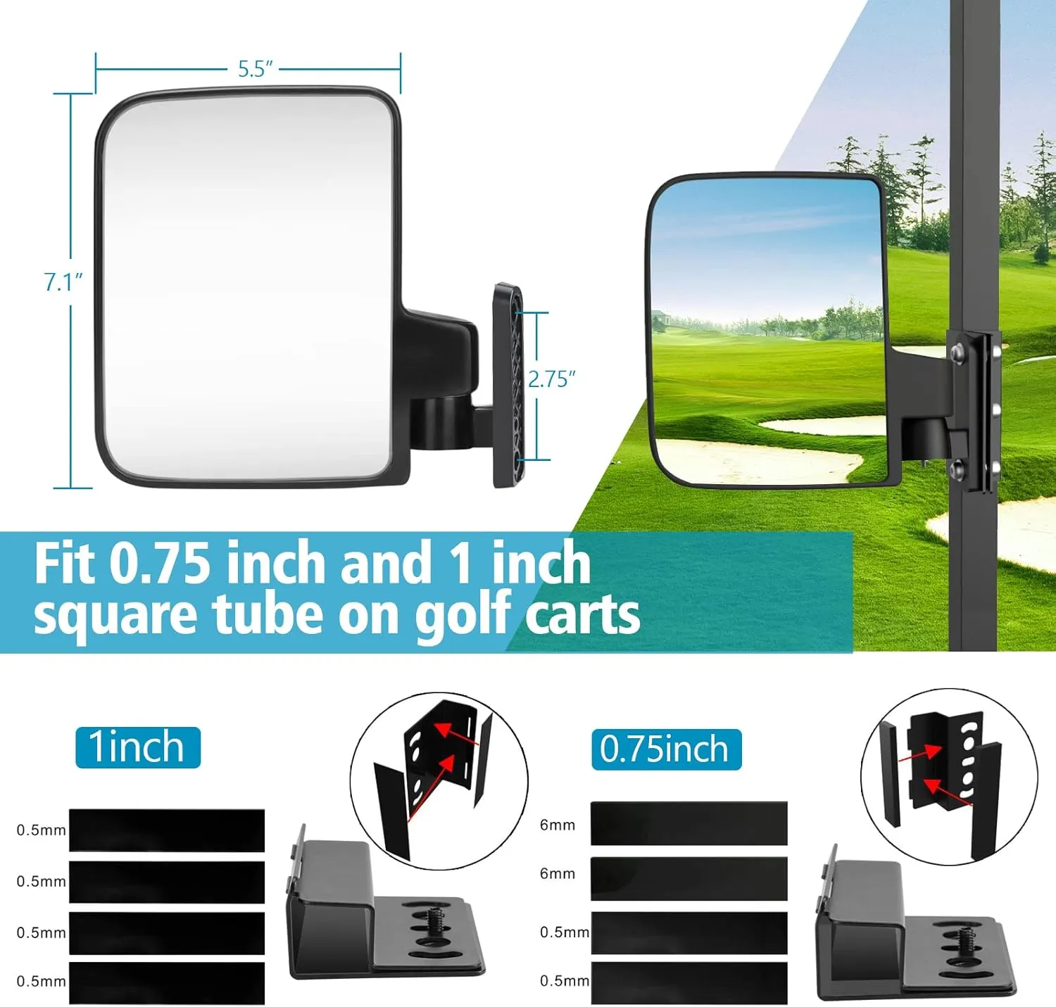 BETOOLL Golf Cart Mirror - No Drilling Folding Golf Cart Mirrors Rear View - Golf Cart Mirrors Universal for 0.75" & 1" Square Tube - Golf Cart Side Mirrors Compatible with Club Car, EZGO, Yamaha