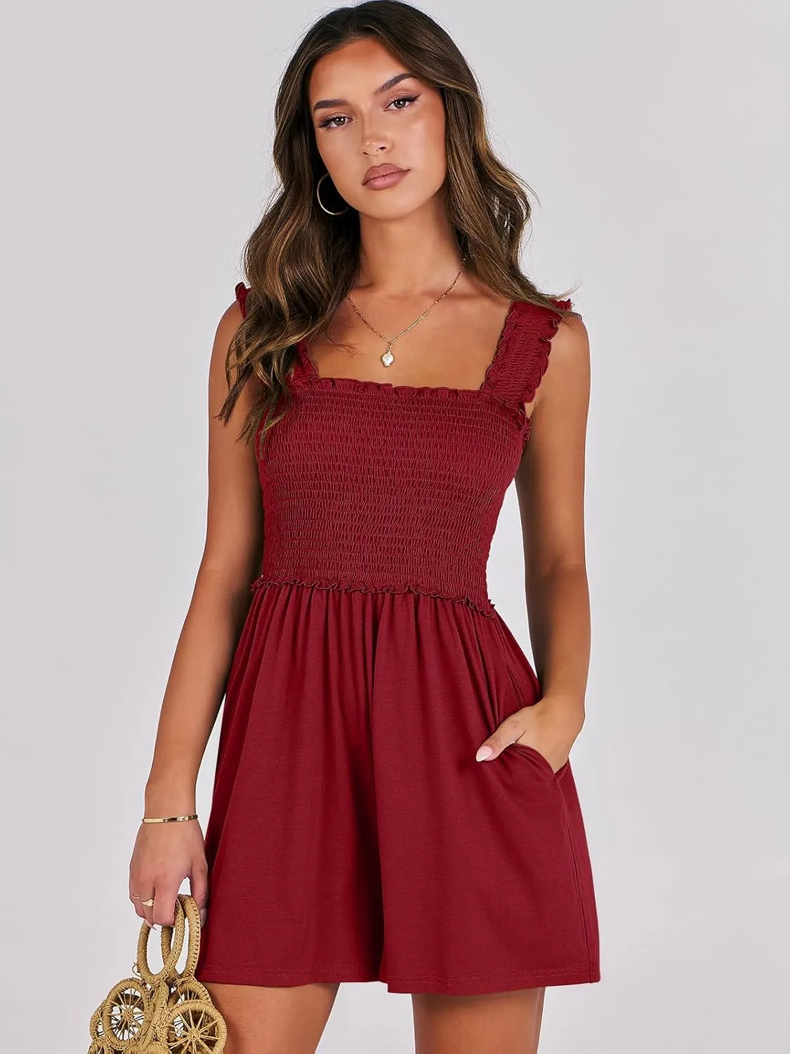 Caracilia Women's Summer Casual Smocked Rompers Square Neck Sleeveless Loose Shorts Jumpsuit 2025 Beach Vacation Outfits