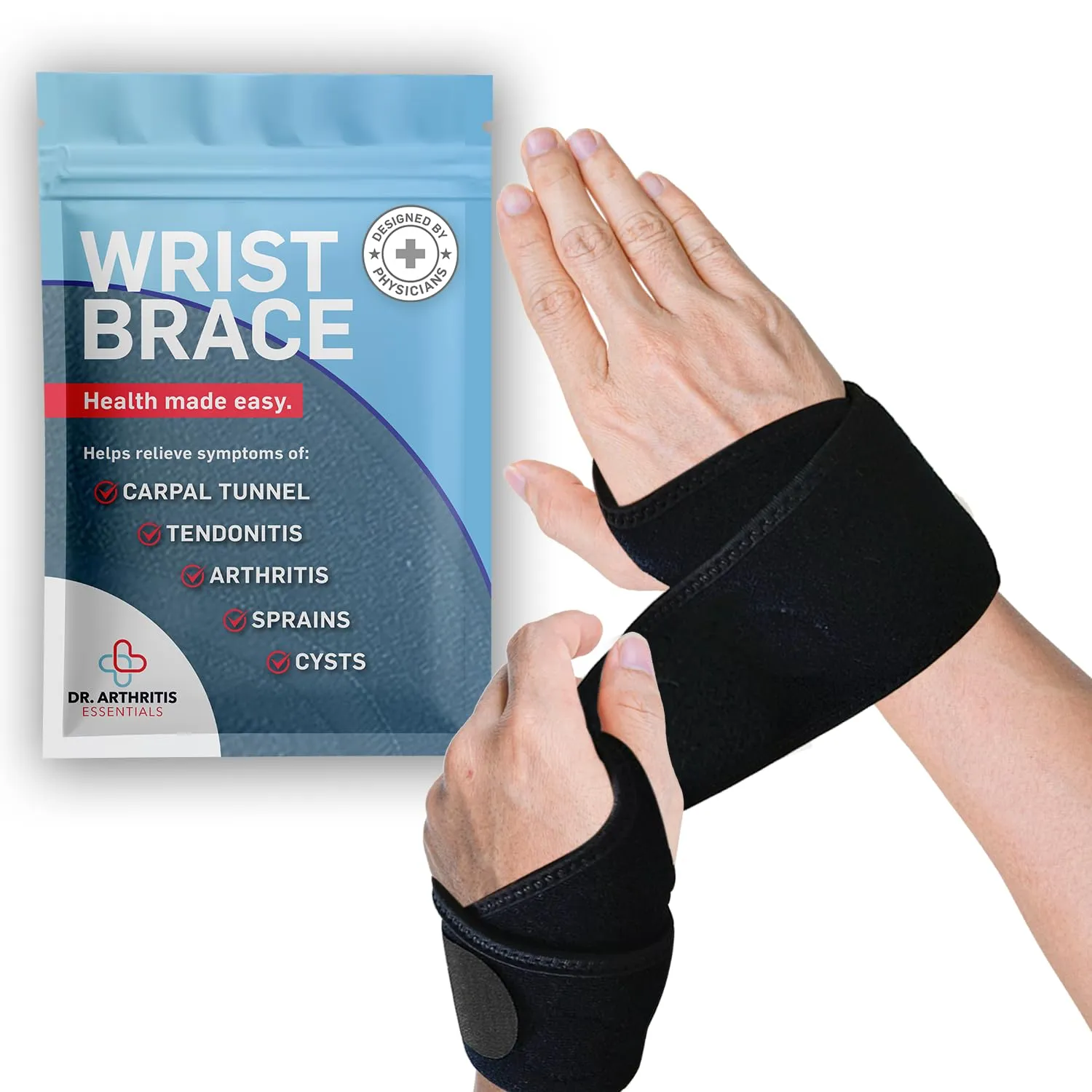 Dr. Arthritis Essentials Wrist Support, Wrist Wraps, Carpal Tunnel Wrist Brace for Night Support, Hand Brace & Wrist Guard for Left & Right Hand (Black 1 Pack)
