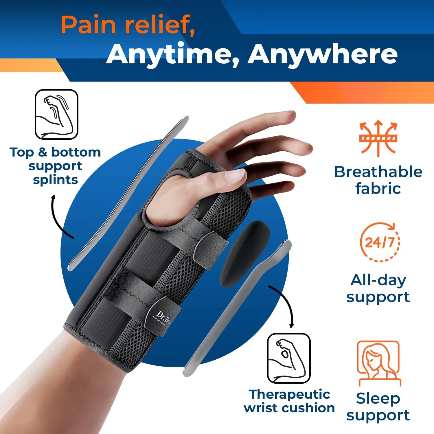 DR. BRACE Adjustable Wrist Brace Night Support for Carpal Tunnel, FSA & HSA Eligible, Doctor Developed, Upgraded with Double Splint & Therapeutic Cushion, Hand Brace For Pain Relief, Injuries, Sprains
