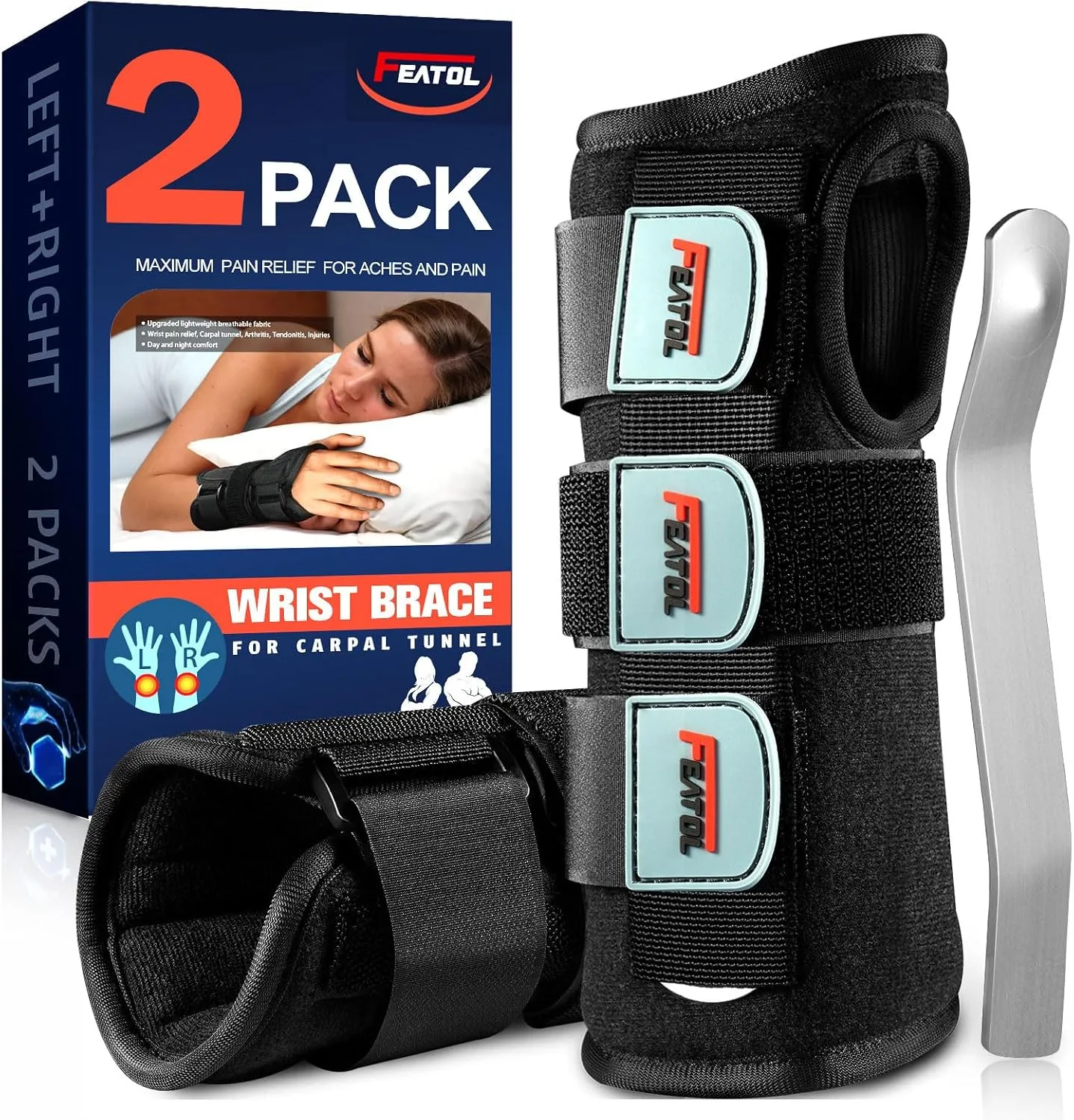 FEATOL Carpal Tunnel Wrist Brace Night Support 2 Pack - Wrist Splint for Pain Relief Tendonitis, Sprained, Arthritis - Metal Splint Stabilizer With Hand Brace -FOR Sleeping Women Men -Right&Left(L/XL)