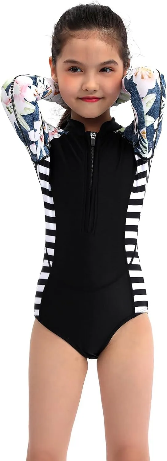 Girls Long Sleeve Rashguard Swimsuit UV Protection One-Piece Swimwear Bathing Suit