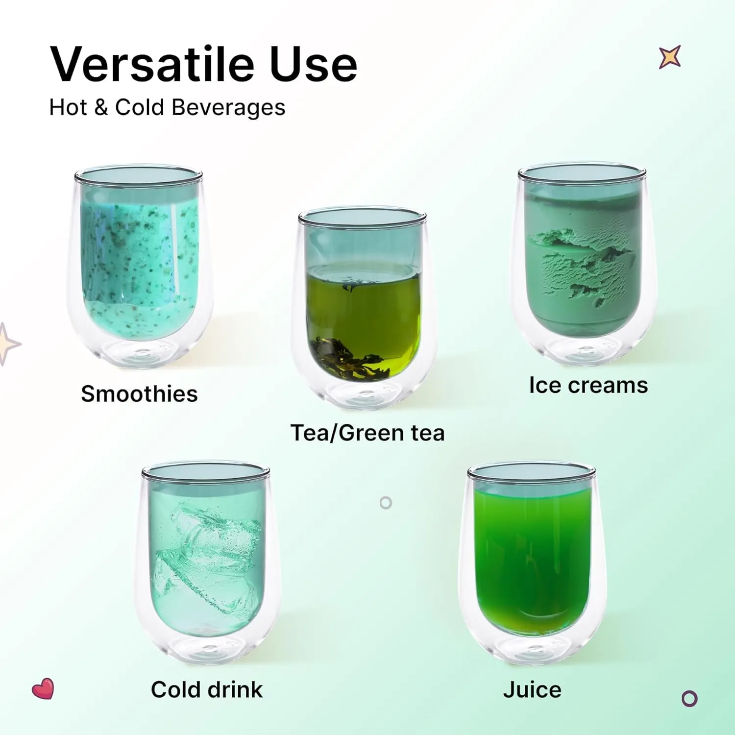 Kuber Industries 4 Pcs Double Walled Borosilicate Glass | High Thermal Resistance | Microwave & Dishwasher Safe | 190 ML | Pack of 2 | Green