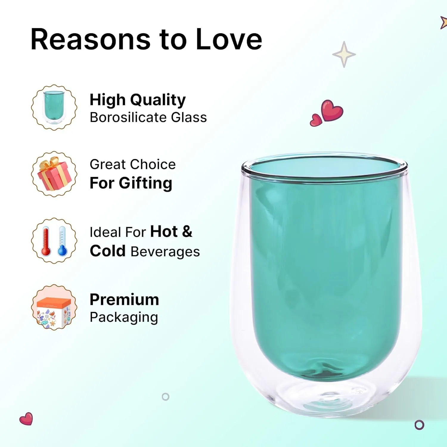 Kuber Industries 4 Pcs Double Walled Borosilicate Glass | High Thermal Resistance | Microwave & Dishwasher Safe | 190 ML | Pack of 2 | Green