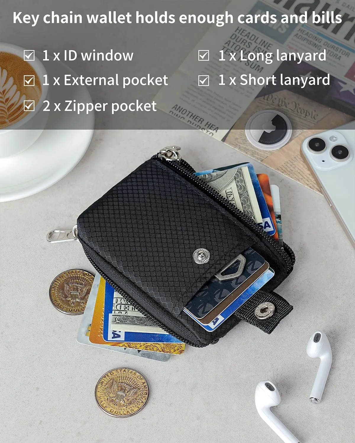 Minimalist Wallet For Mens Womens, Keychain RFID Blocking Zipper Small Wallet with ID Window 2 Lanyards,Water Resistant Travel Cash Card Coin Case Boys Girls