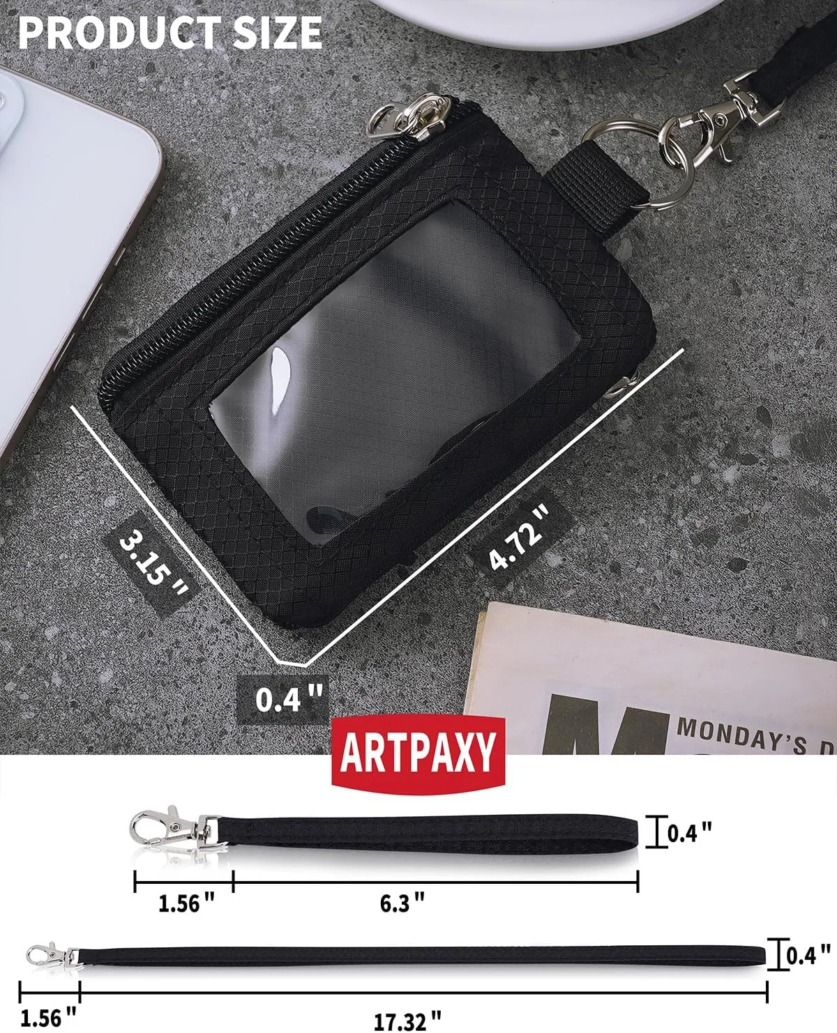 Minimalist Wallet For Mens Womens, Keychain RFID Blocking Zipper Small Wallet with ID Window 2 Lanyards,Water Resistant Travel Cash Card Coin Case Boys Girls