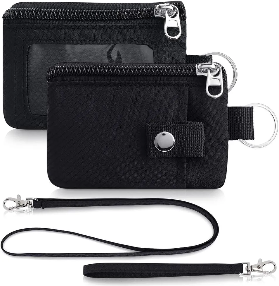 Minimalist Wallet For Mens Womens, Keychain RFID Blocking Zipper Small Wallet with ID Window 2 Lanyards,Water Resistant Travel Cash Card Coin Case Boys Girls