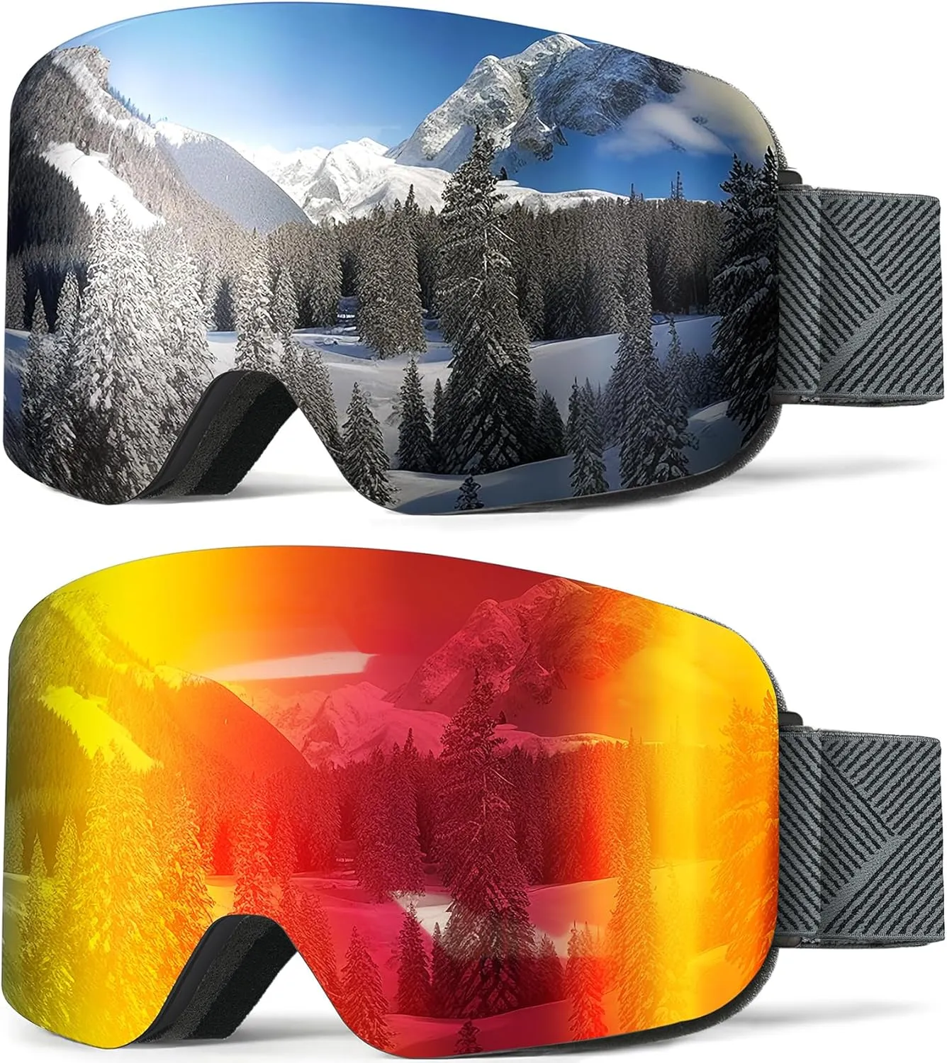 NSSIW Ski Goggles for Men Women Youth, OTG Snowboard Goggles Snow Goggles with Anti Fog and UV Protection Over Glasses 2 Pack