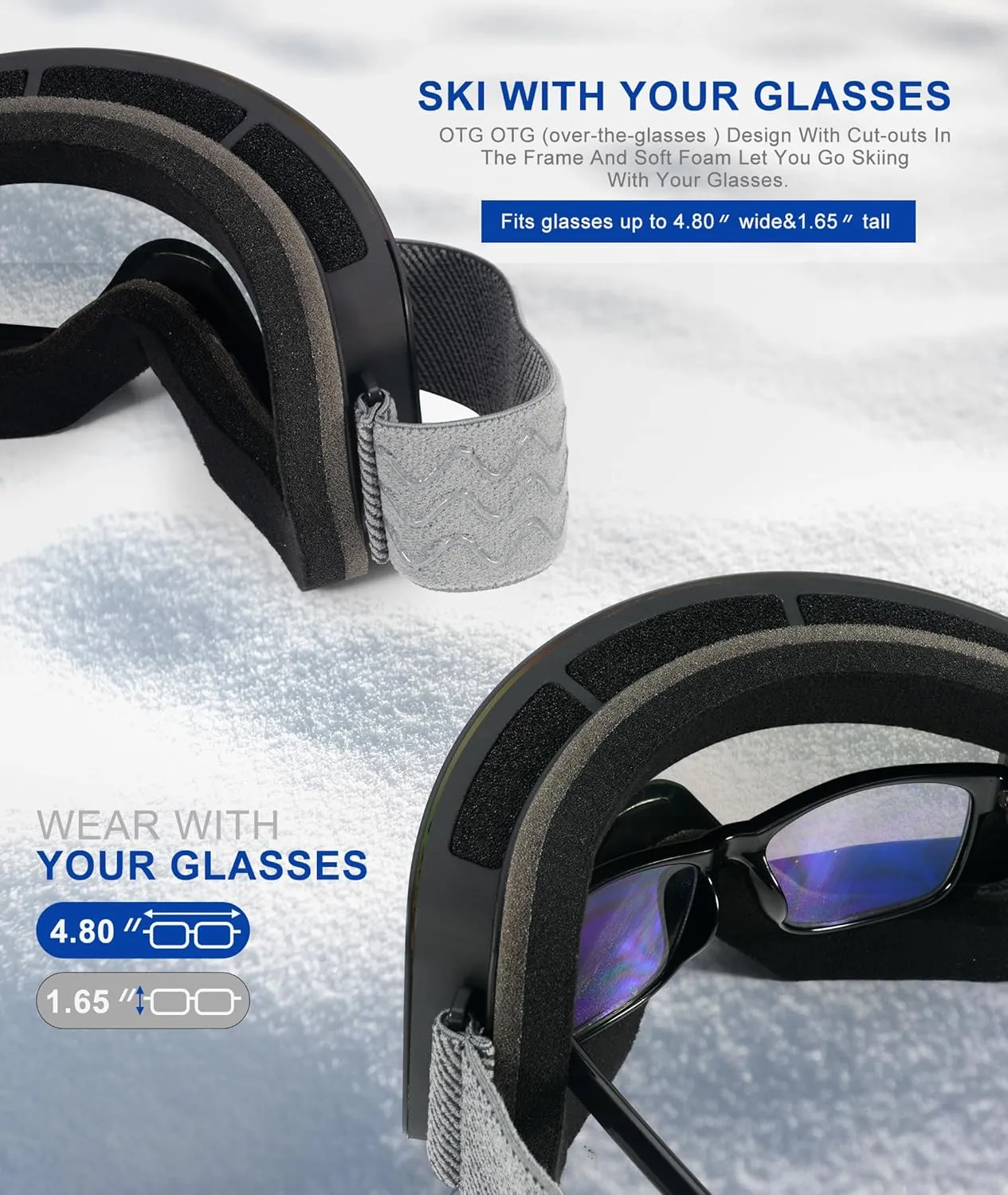 NSSIW Ski Goggles for Men Women Youth, OTG Snowboard Goggles Snow Goggles with Anti Fog and UV Protection Over Glasses 2 Pack