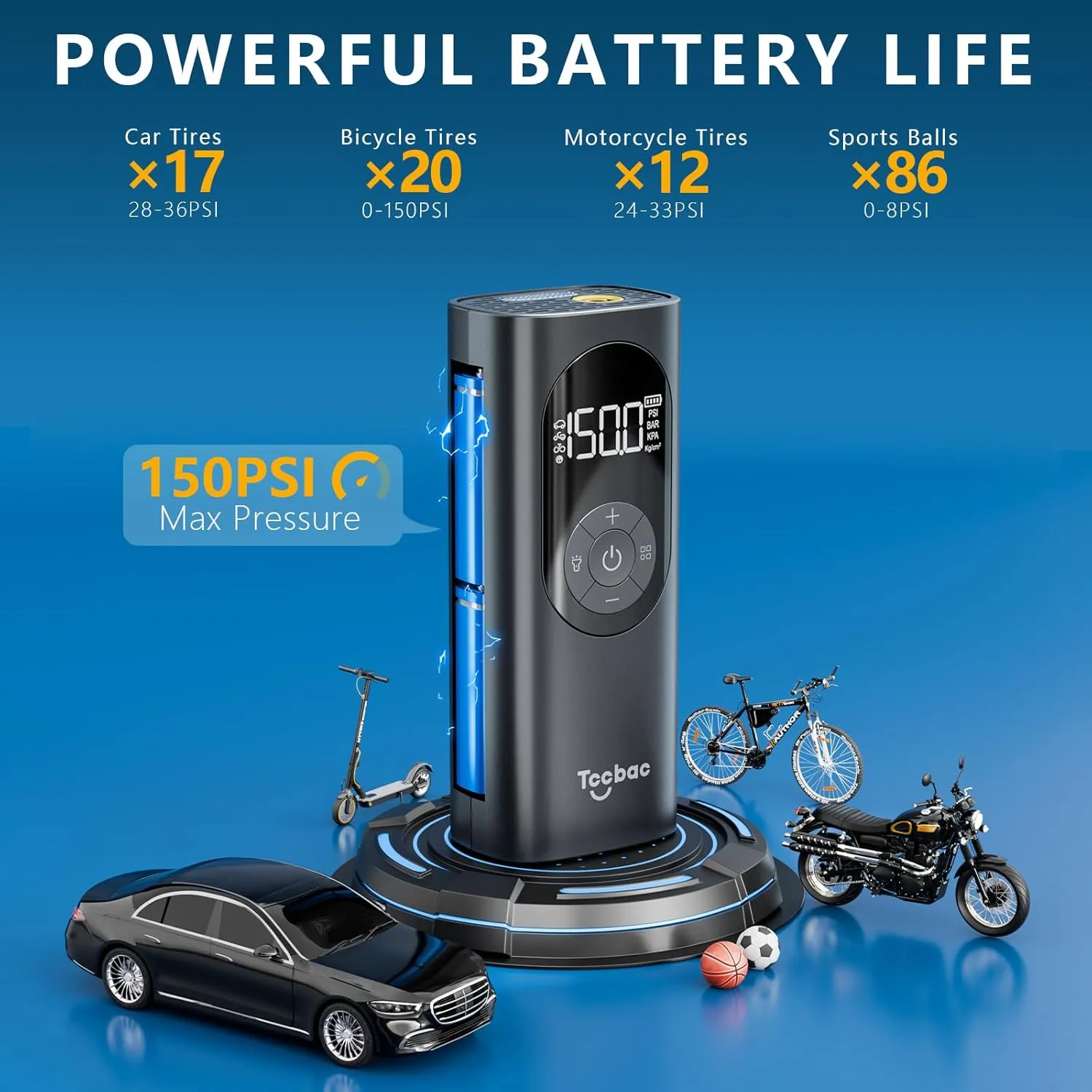Tire Inflator Portable Air Compressor for Car,Large motor 2x Fast,Tccbac Bike Pumps with 150 PSI High Pressure Gauge and LED Light,Tire Pump Auto Shut-Off Electric Air Pump for Car Ball Motorcycle