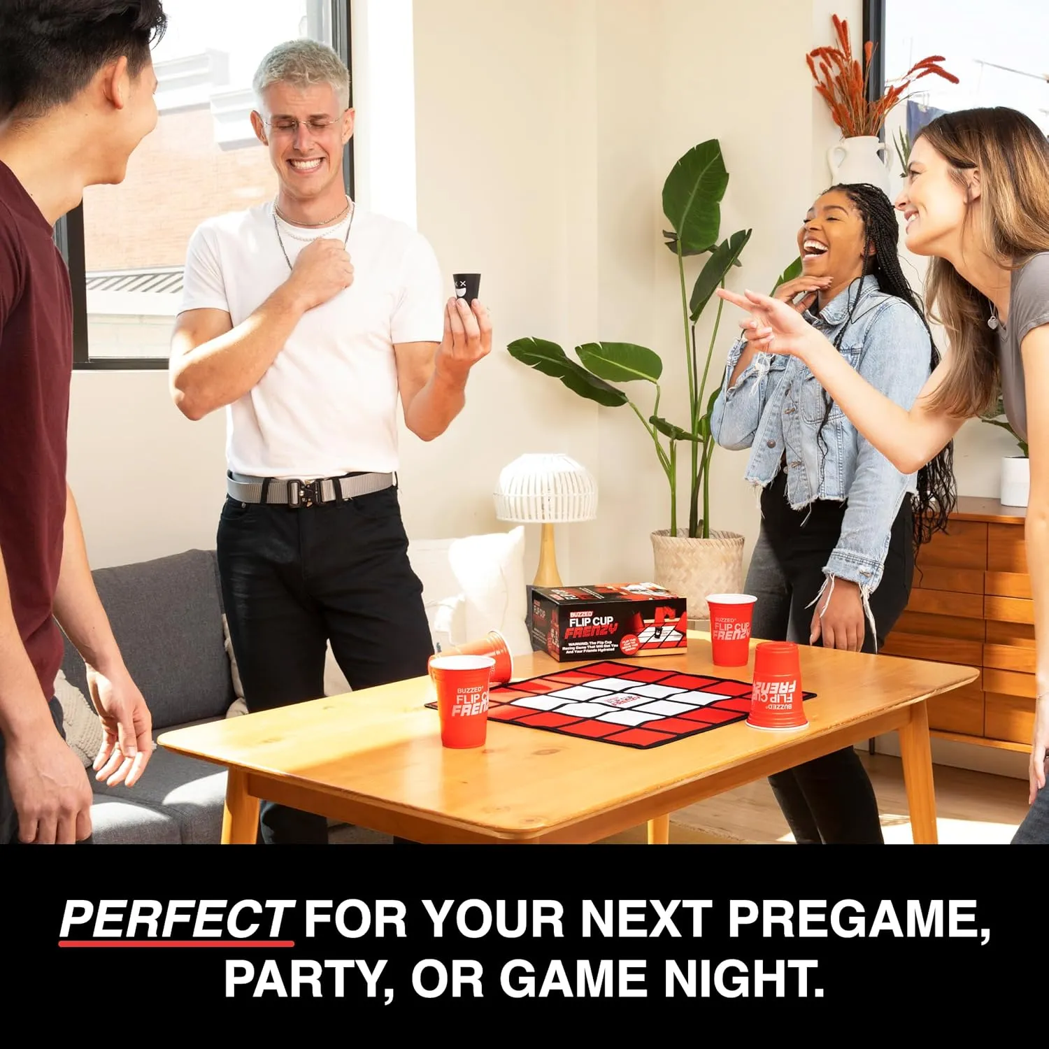 WHAT DO YOU MEME? Buzzed Flip Cup Frenzy Adult Drinking Game, Party Games for Adults, Includes 1 Game Mat, 8 Flip Cups, 1 Drink Cup, and Instructions