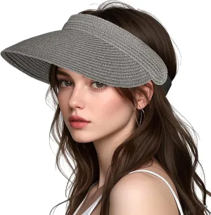 Women Foldable Sun Visor Hat Adjustable Straw Ponytail Summer Beach Cap UV Protection
