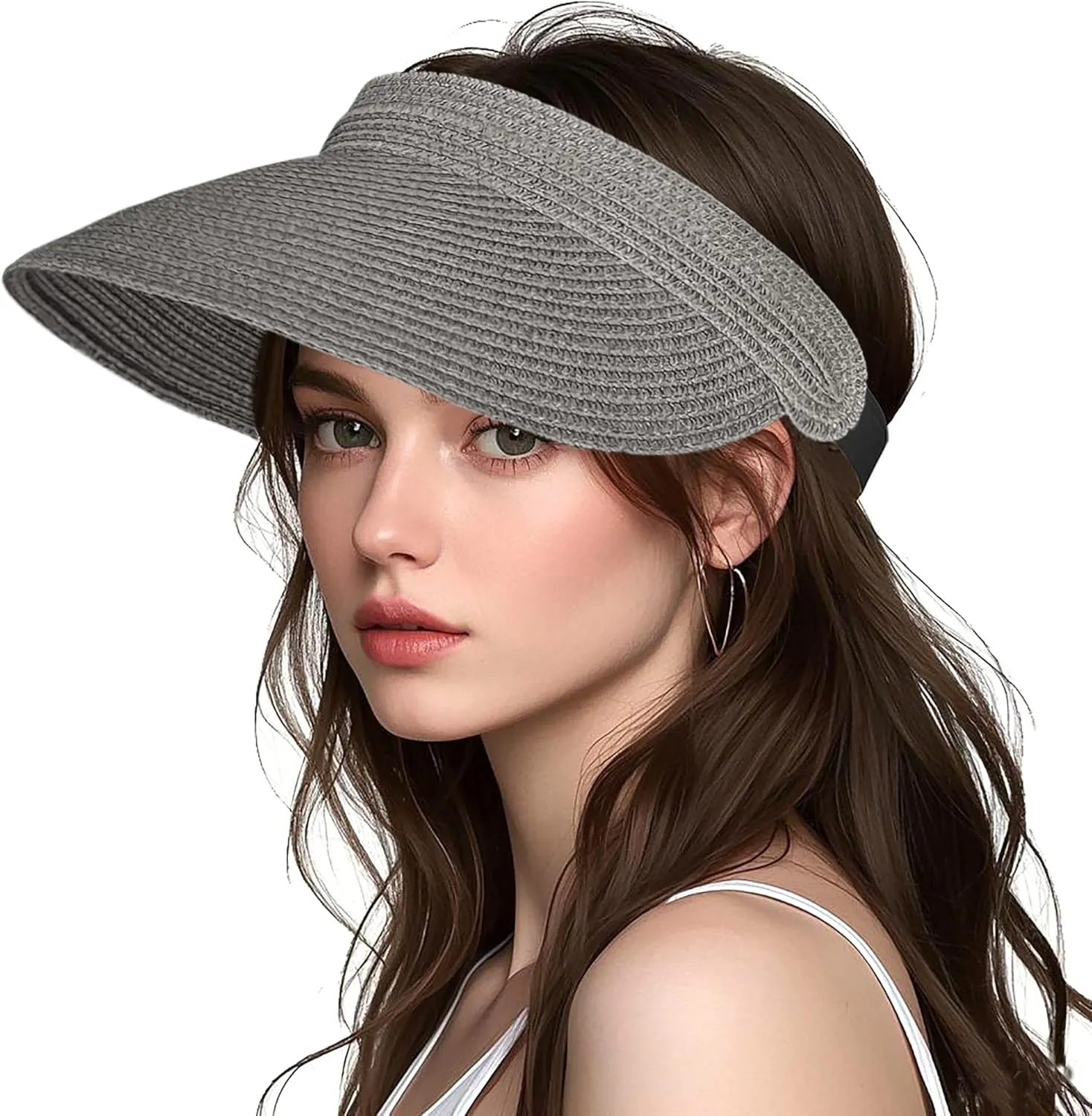 Women Foldable Sun Visor Hat Adjustable Straw Ponytail Summer Beach Cap UV Protection