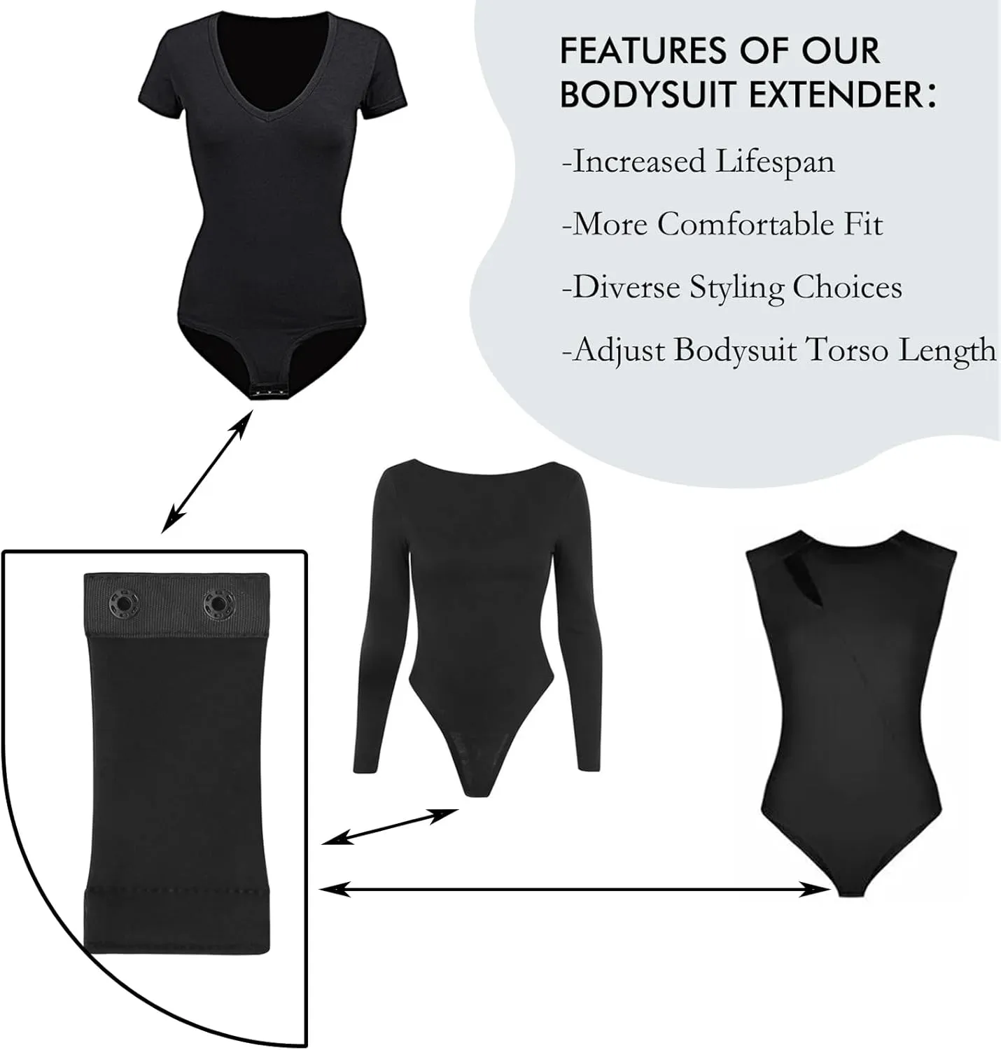 Women's Bodysuit Extender with Snaps, Adds Length to Torso, Removable and Washable Crotch Extender