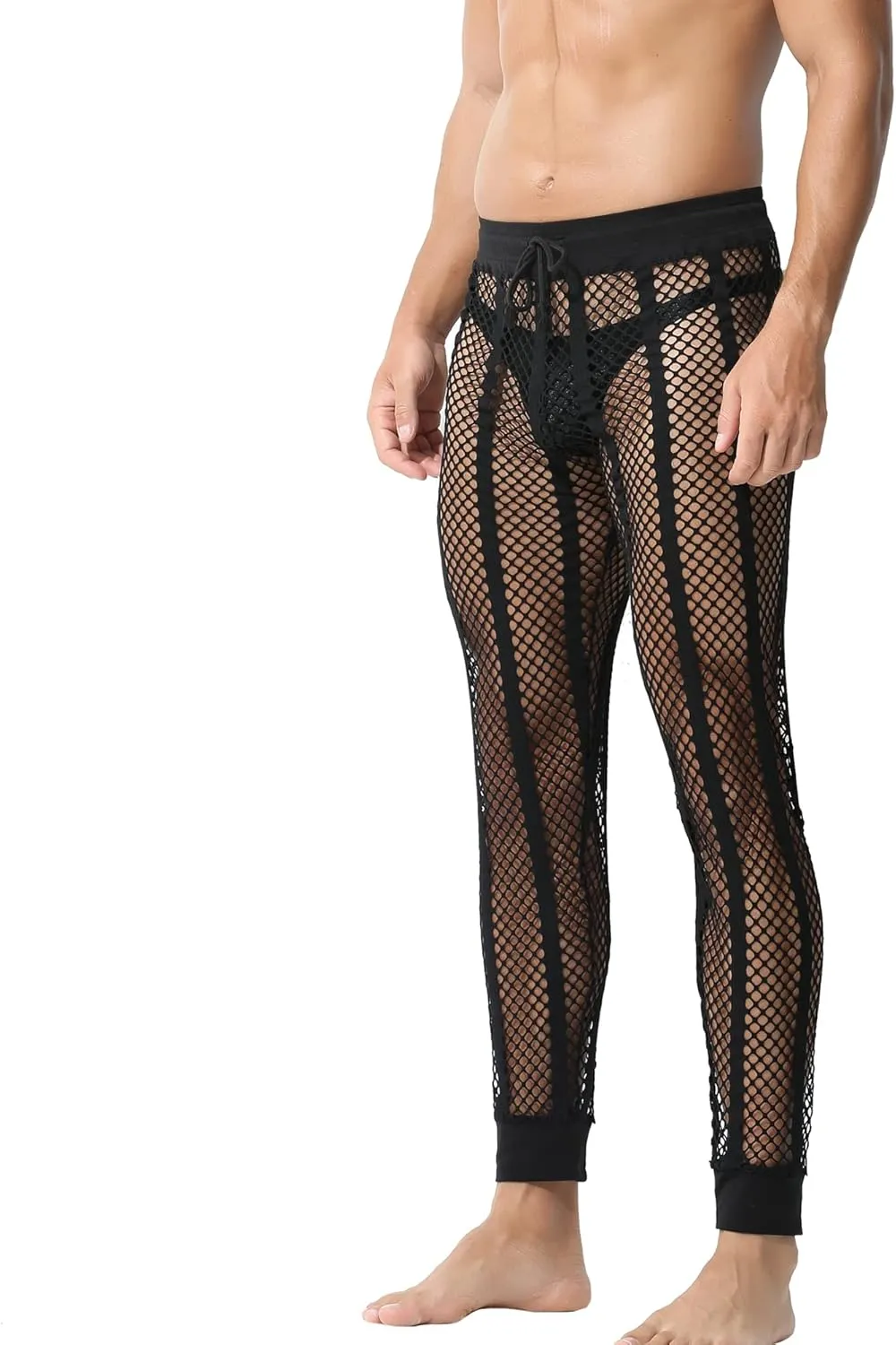 YUFEIDA Men's Fishnet Pants Drawstring Bottoms Low Rise Mesh Leggings Muscle Fit Long Pants See Through Thermal Bottoms