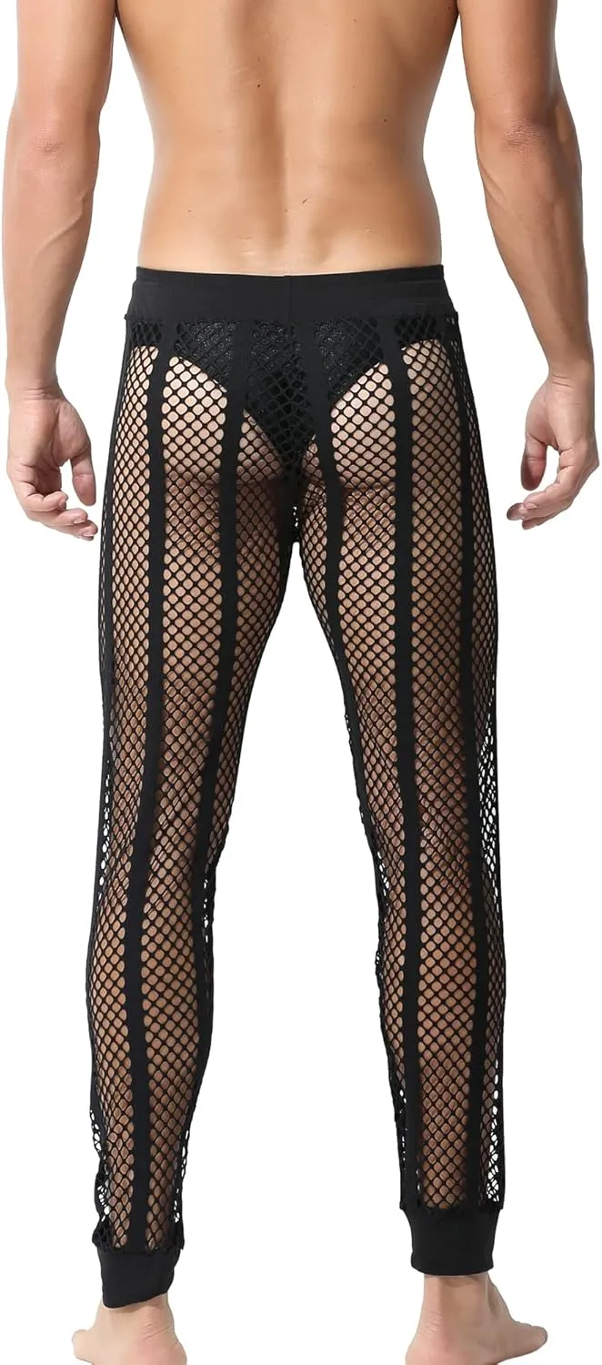 YUFEIDA Men's Fishnet Pants Drawstring Bottoms Low Rise Mesh Leggings Muscle Fit Long Pants See Through Thermal Bottoms
