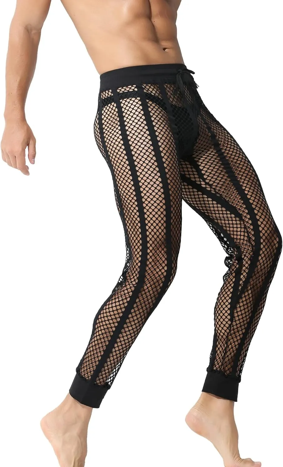 YUFEIDA Men's Fishnet Pants Drawstring Bottoms Low Rise Mesh Leggings Muscle Fit Long Pants See Through Thermal Bottoms