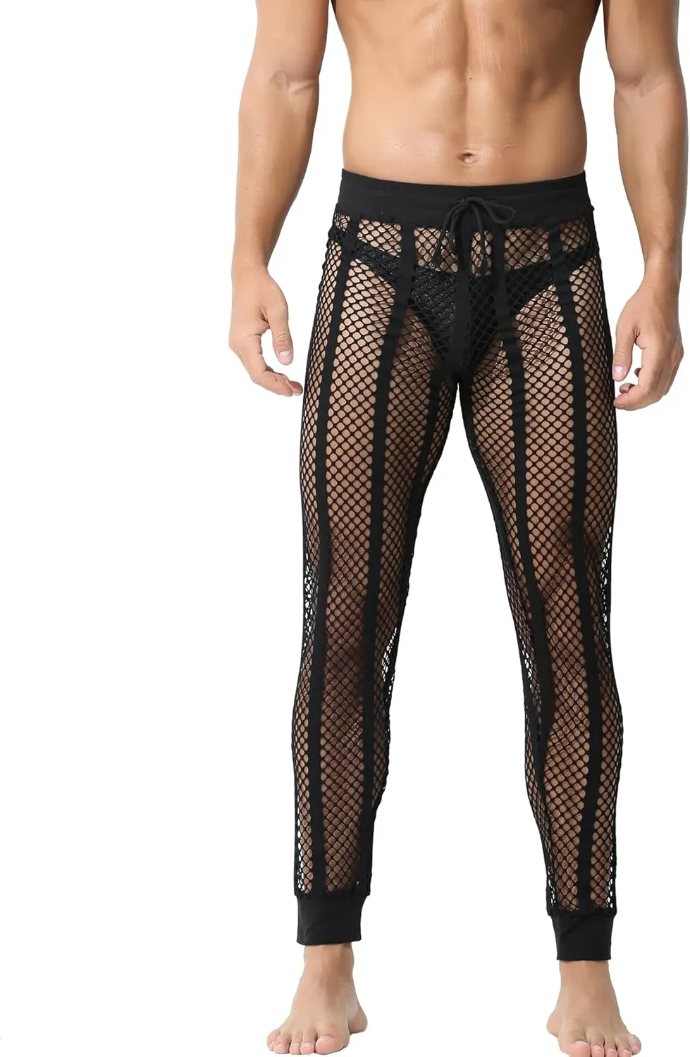 YUFEIDA Men's Fishnet Pants Drawstring Bottoms Low Rise Mesh Leggings Muscle Fit Long Pants See Through Thermal Bottoms