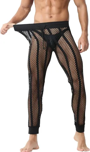 YUFEIDA Men's Fishnet Pants Drawstring Bottoms Low Rise Mesh Leggings Muscle Fit Long Pants See Through Thermal Bottoms