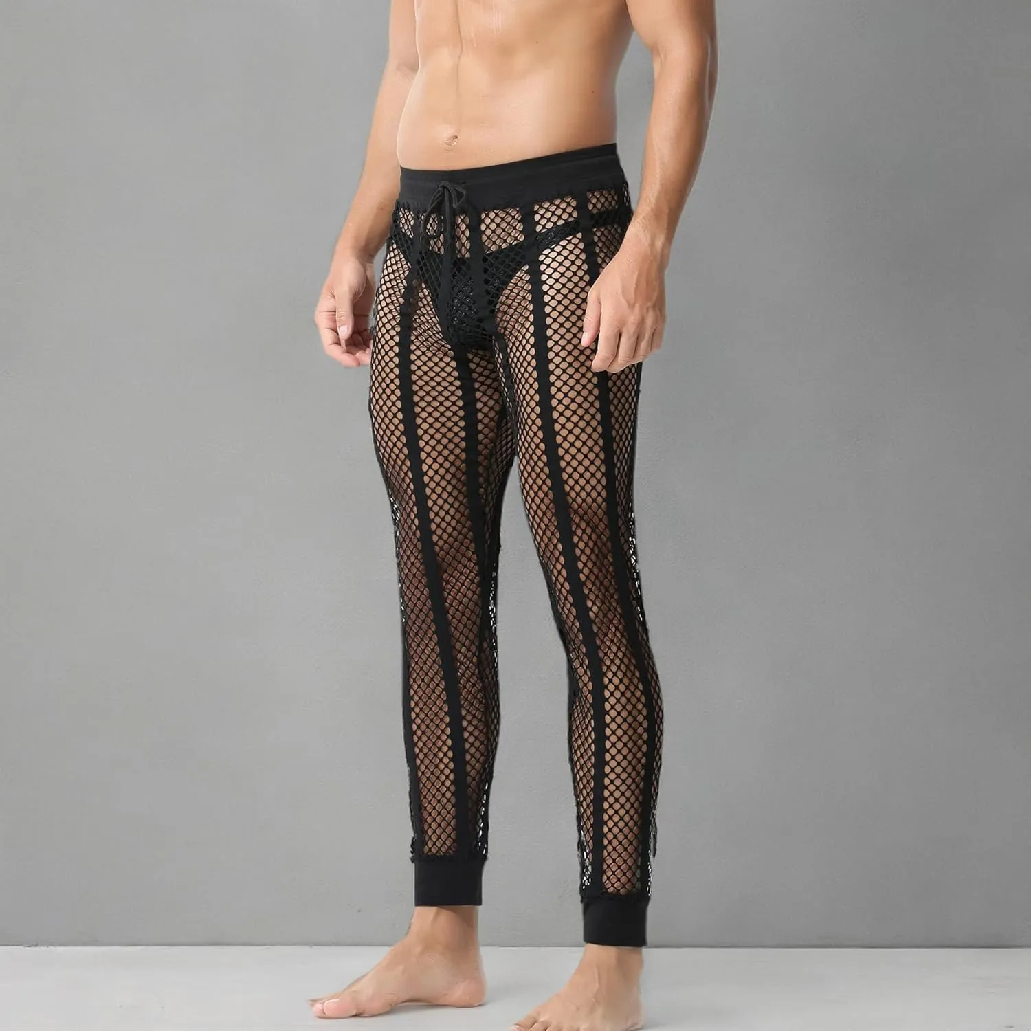 YUFEIDA Men's Fishnet Pants Drawstring Bottoms Low Rise Mesh Leggings Muscle Fit Long Pants See Through Thermal Bottoms
